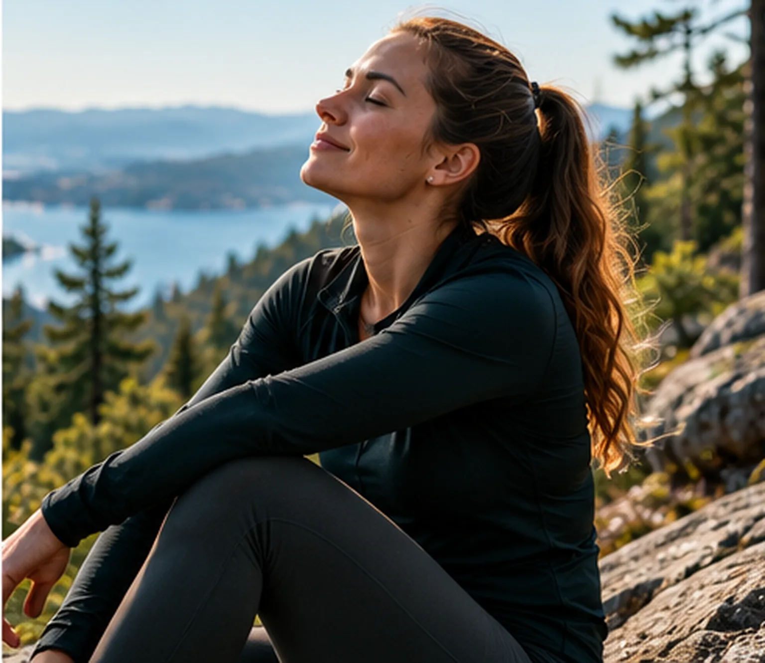 A woman resting on a rock above a lake, eyes closed in the sun