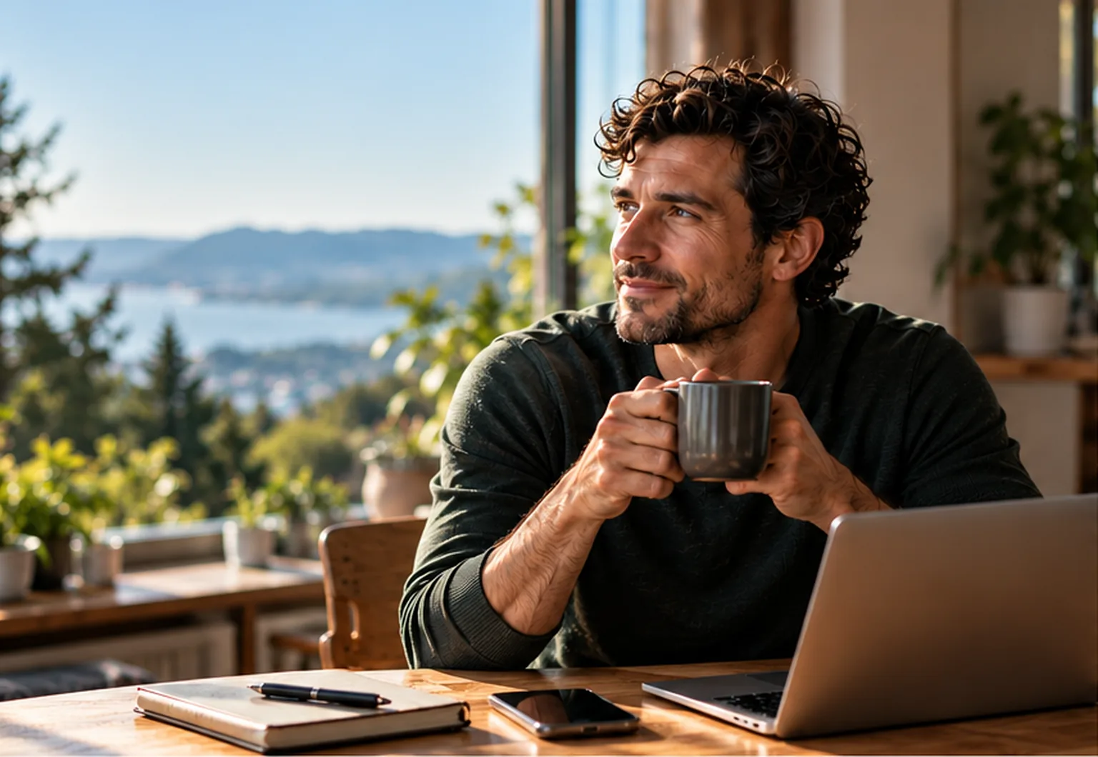 A man with a cup of coffee looking out of a sunny window, phone face down on the table