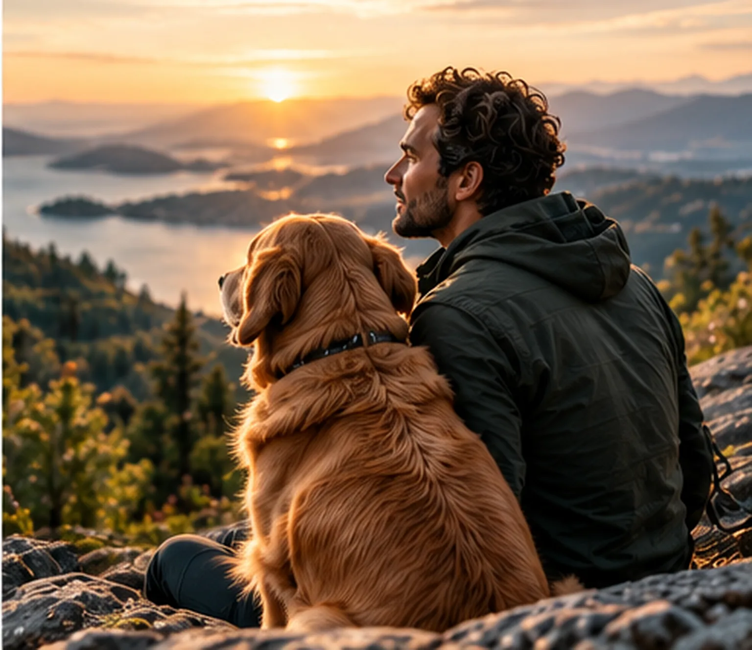 A man and his dog watching the sunset over a lake
